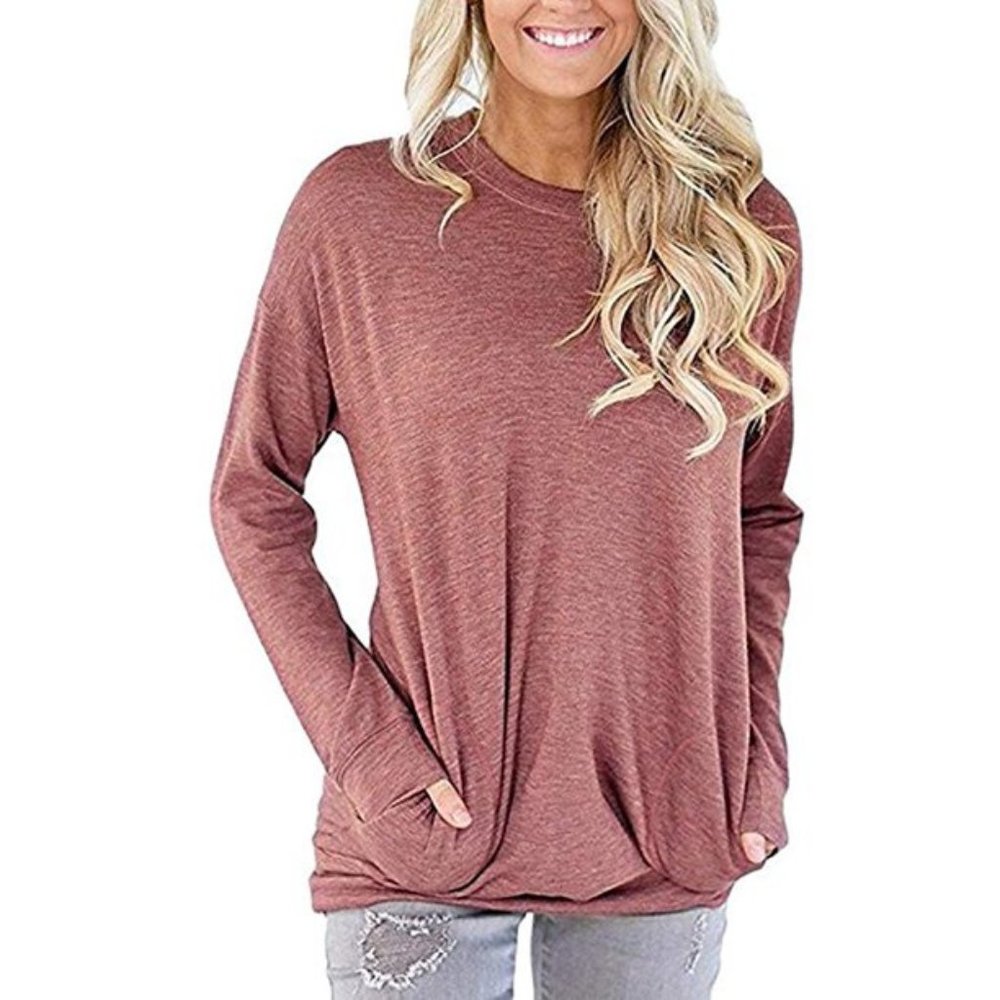 Solid Color Round Neck Long Sleeve T-Shirts Tops